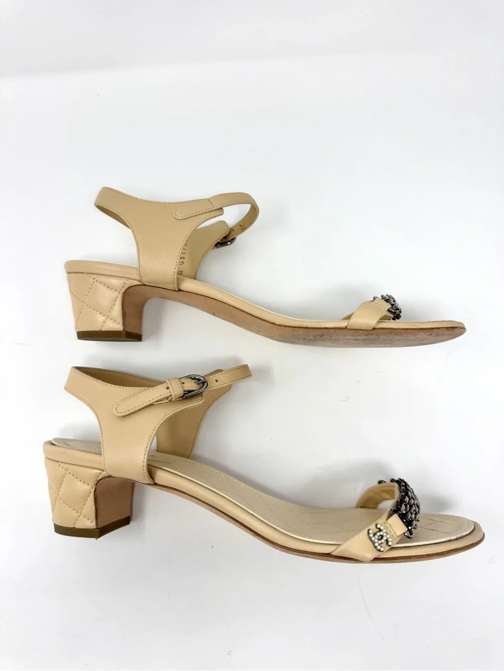 Chanel Nude Tan Beige Chain and Pearl Ankle Strap Quilted Heeled Sandals